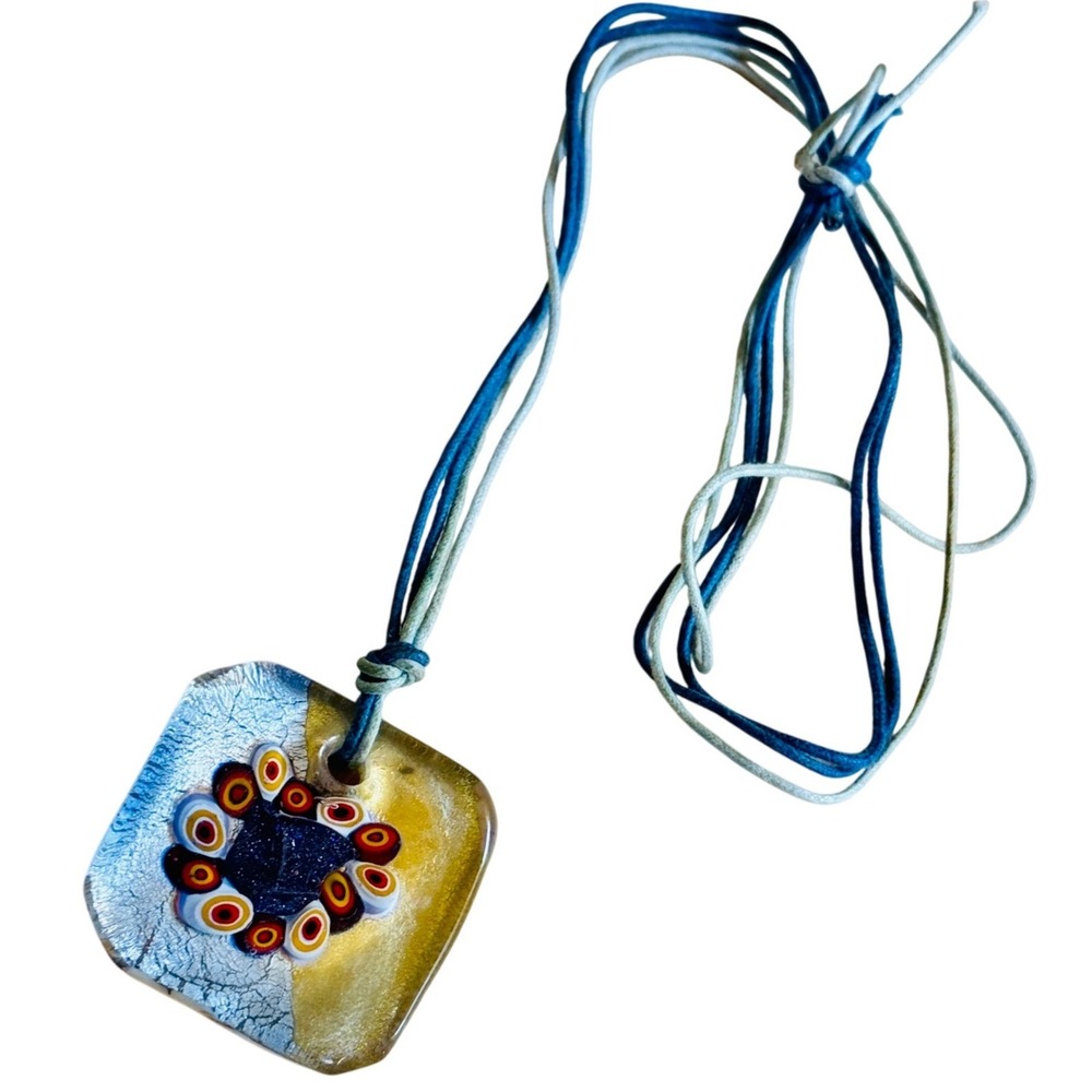 RL Murano Art Glass necklace Italy Venetian foil Blue Boho rare rainbow 36"